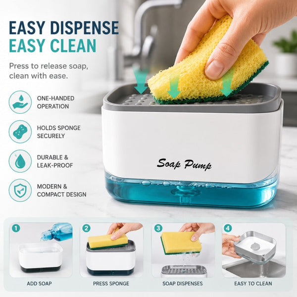 Kitchen soap dispenser with sponge holder